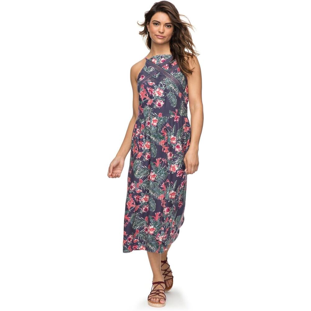 Roxy Womens Dress Sz XS Summer‎ Navajo Strappy Midi Gray Floral Print NEW